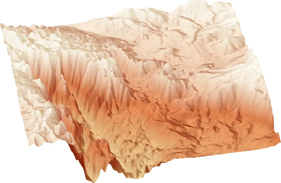 3D terrain render of the northern part of Snow Canyon, with lava-capped ridges and the canyon floor.