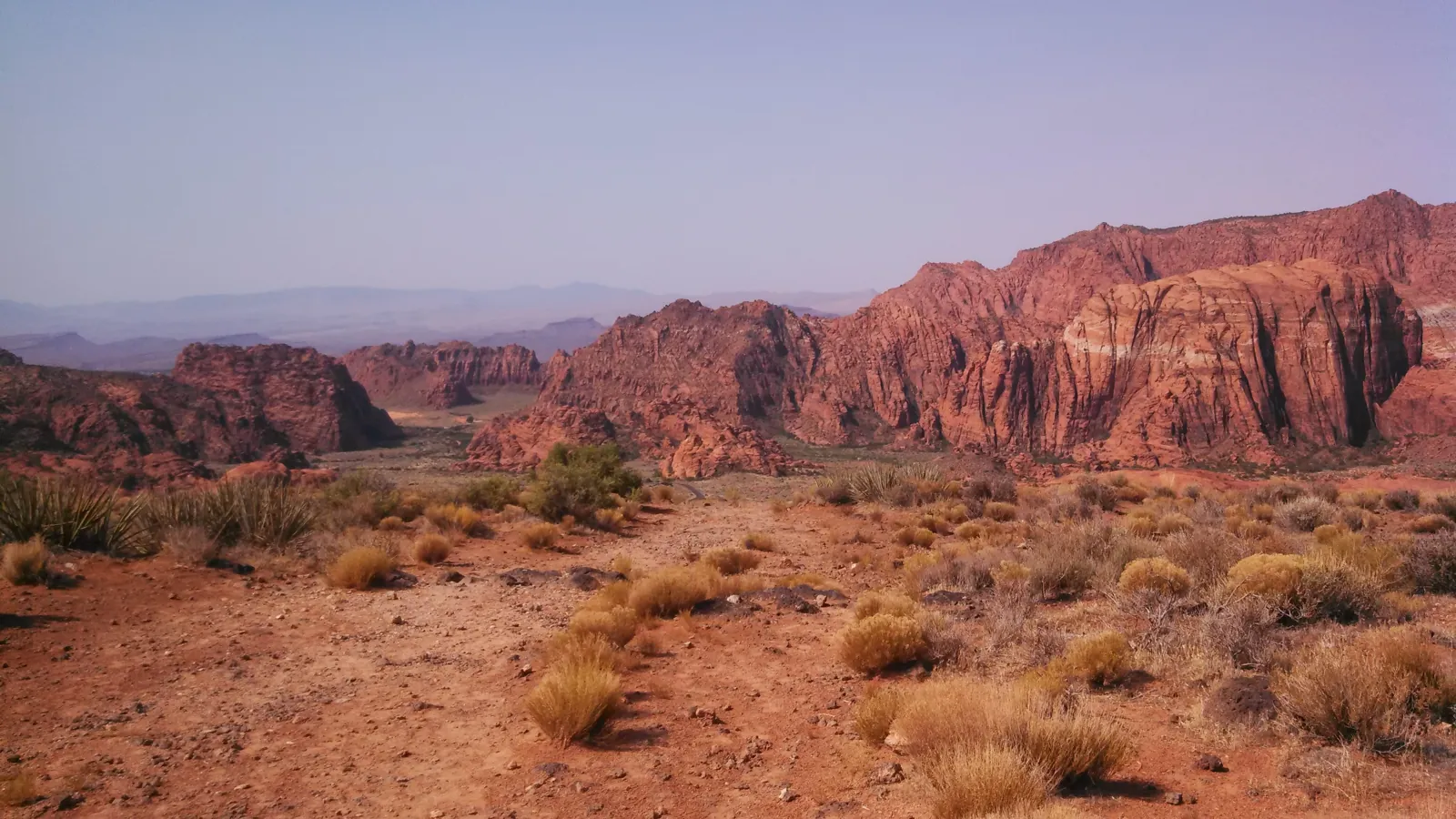 Red sand and dry grasses in front of red sandstone cliffs in Snow Canyon State Park.