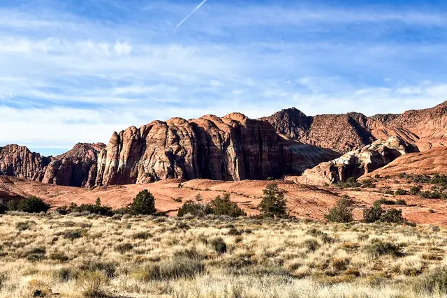 Golden winter grass below banded red and white sandstone cliffs on a December morning, Snow Canyon State Park.