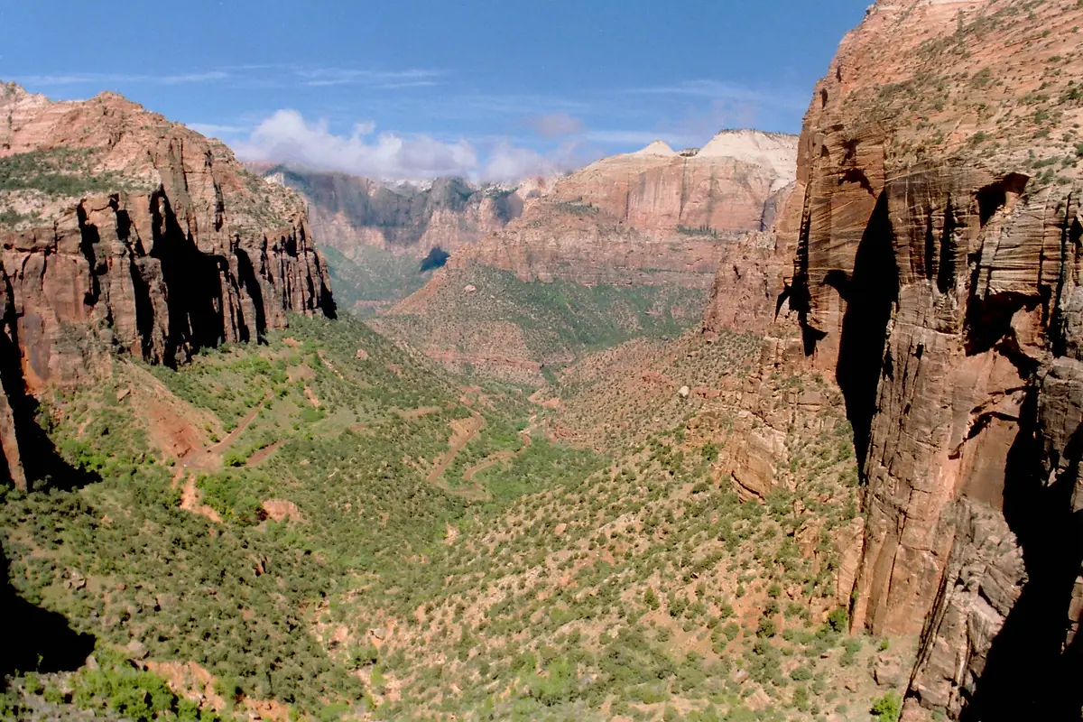View west from Canyon Overlook into Pine Creek canyon and lower Zion Canyon, Zion National Park.